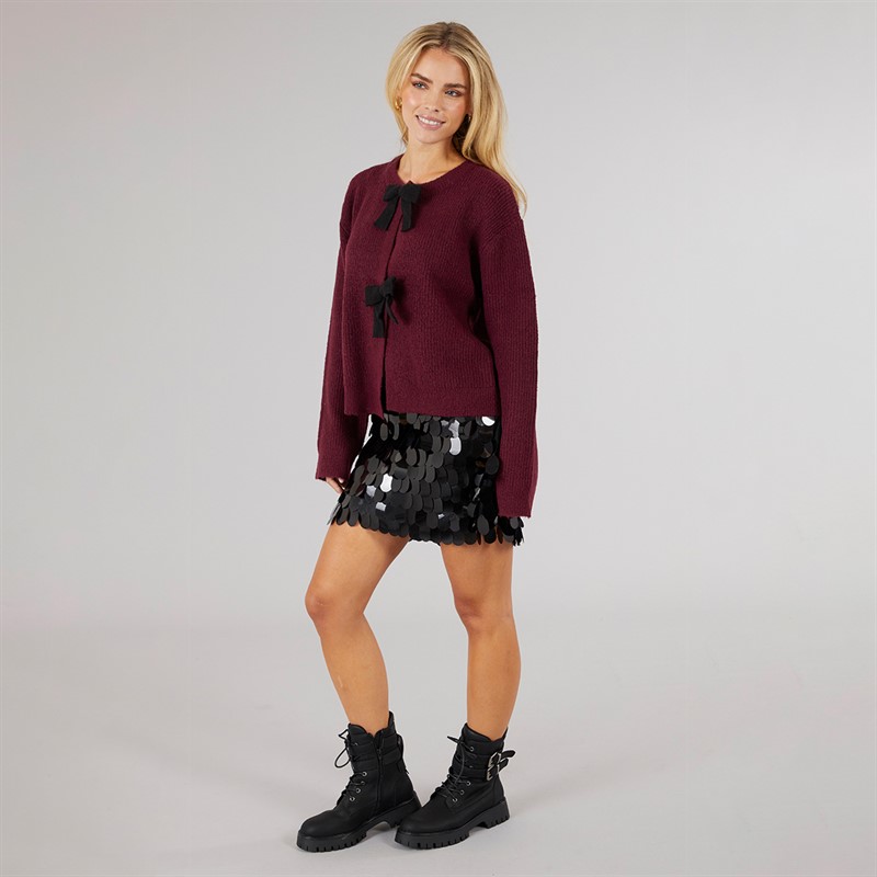 Brave Soul Womens Miya Fisherman Cardigan Aubergine/Black Bow