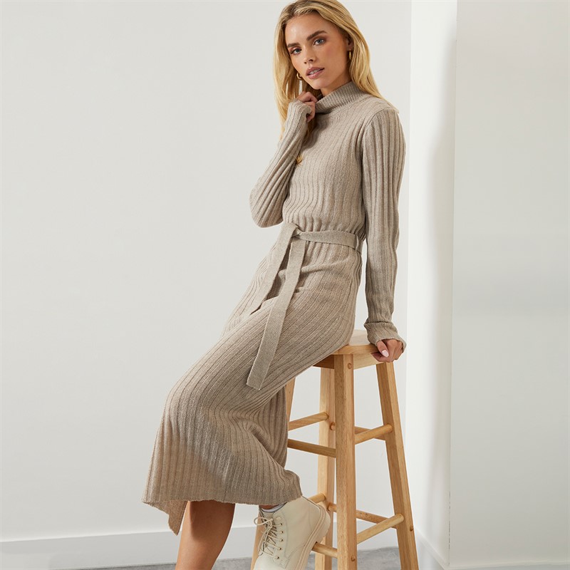 Brave Soul Womens Murphy Roll Neck Rib Dress Mink