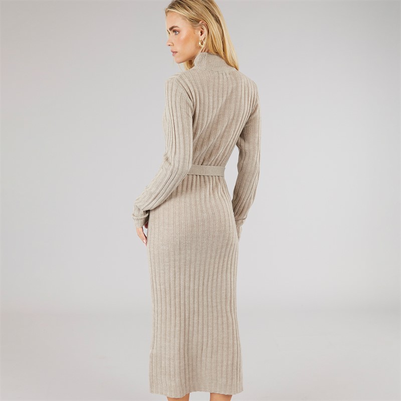 Brave Soul Womens Murphy Roll Neck Rib Dress Mink