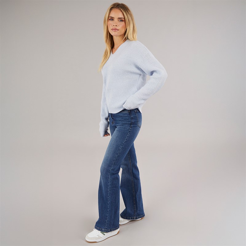 Brave Soul Womens Sydney V-Neck Fisherman Jumper Pastel Blue