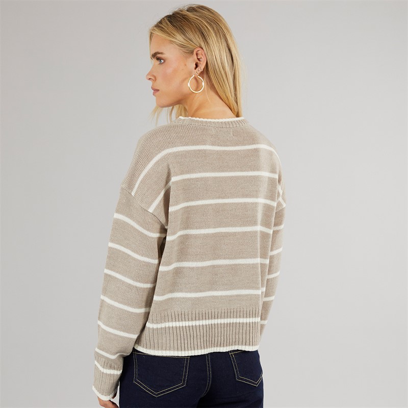 Brave Soul Womens Mason Crew Neck Jumper Mink/White Stripe