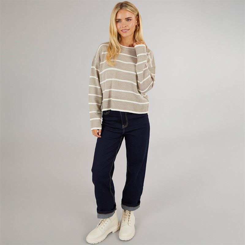 Brave Soul Womens Mason Crew Neck Jumper Mink/White Stripe