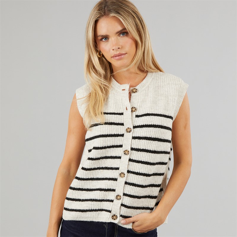Brave Soul Womens Nellie Crew Neck Stripe Waistcoat Oatmeal/Black Stripe