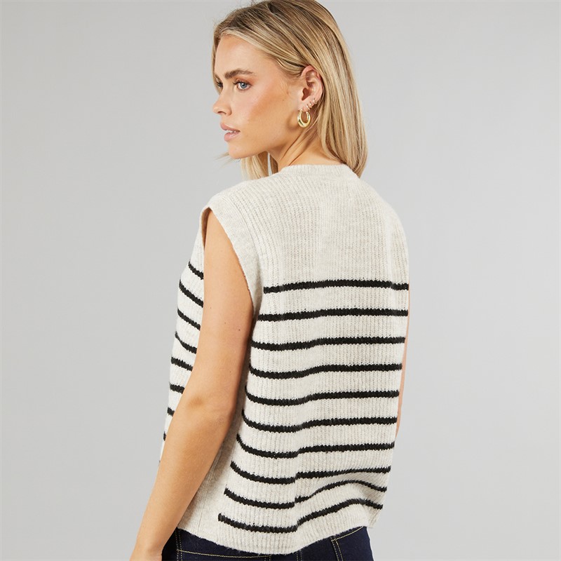 Brave Soul Womens Nellie Crew Neck Stripe Waistcoat Oatmeal/Black Stripe