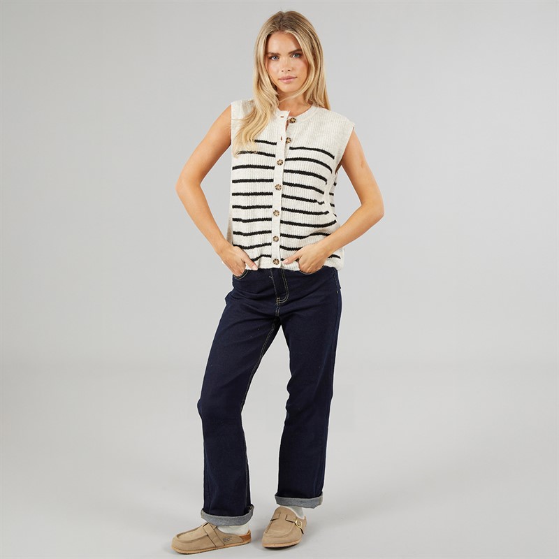 Brave Soul Womens Nellie Crew Neck Stripe Waistcoat Oatmeal/Black Stripe