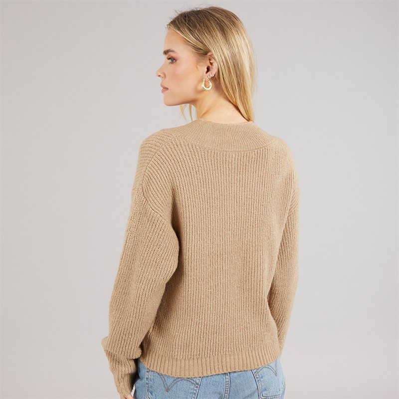 Brave Soul Womens Sydney V-Neck Fisherman Jumper Mink