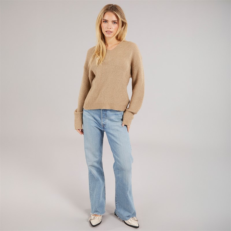 Brave Soul Womens Sydney V-Neck Fisherman Jumper Mink