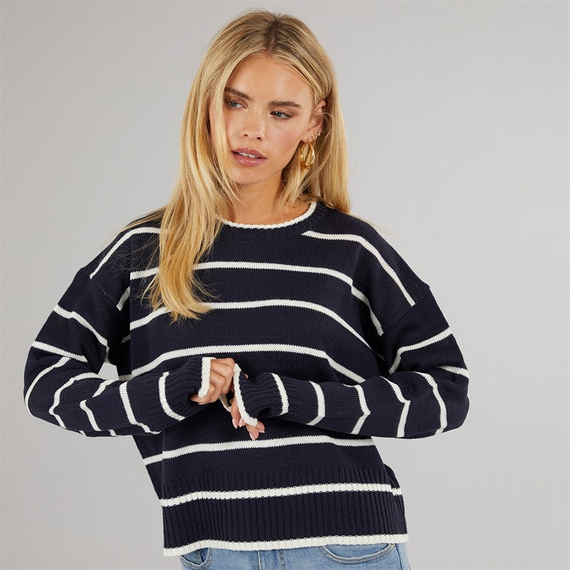 Brave Soul Womens Mason Crew Neck Jumper Navy/White Stripe