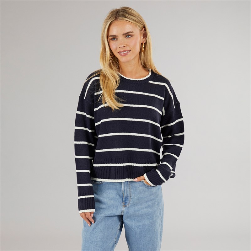 Brave Soul Womens Mason Crew Neck Jumper Navy/White Stripe