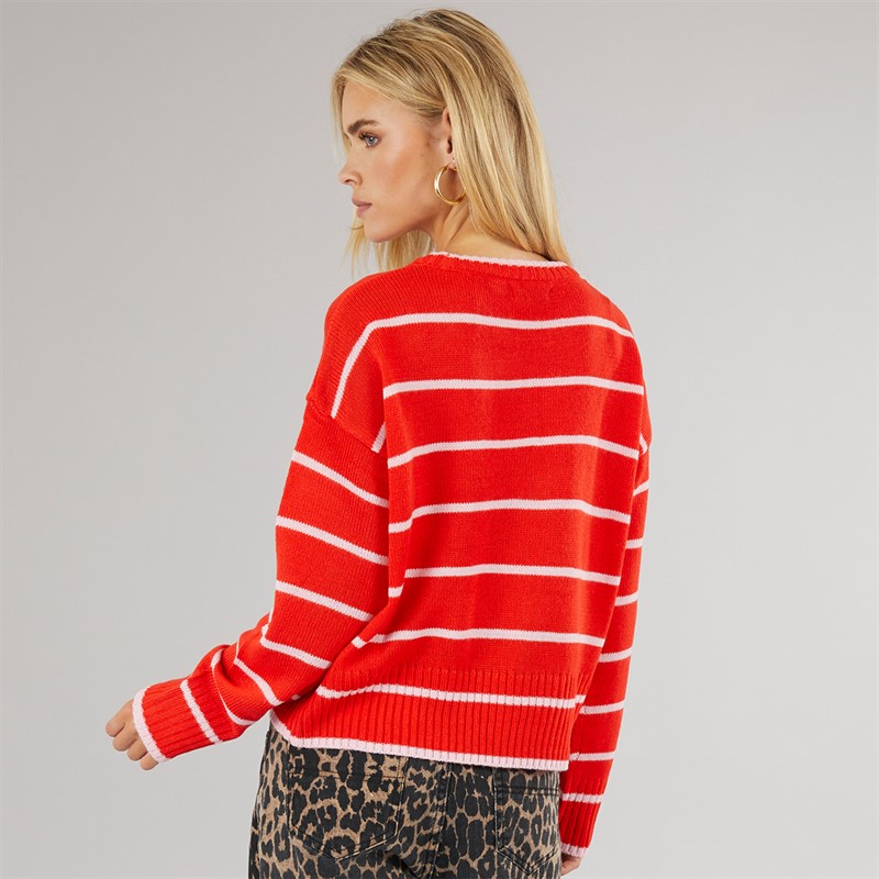 Brave Soul Womens Mason Crew Neck Jumper Red/Pink Stripe