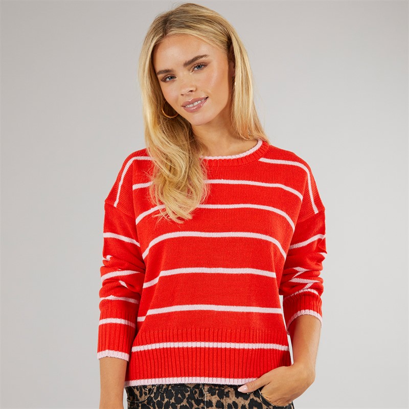 Brave Soul Womens Mason Crew Neck Jumper Red/Pink Stripe