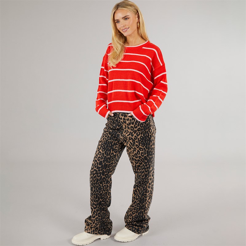 Brave Soul Womens Mason Crew Neck Jumper Red/Pink Stripe