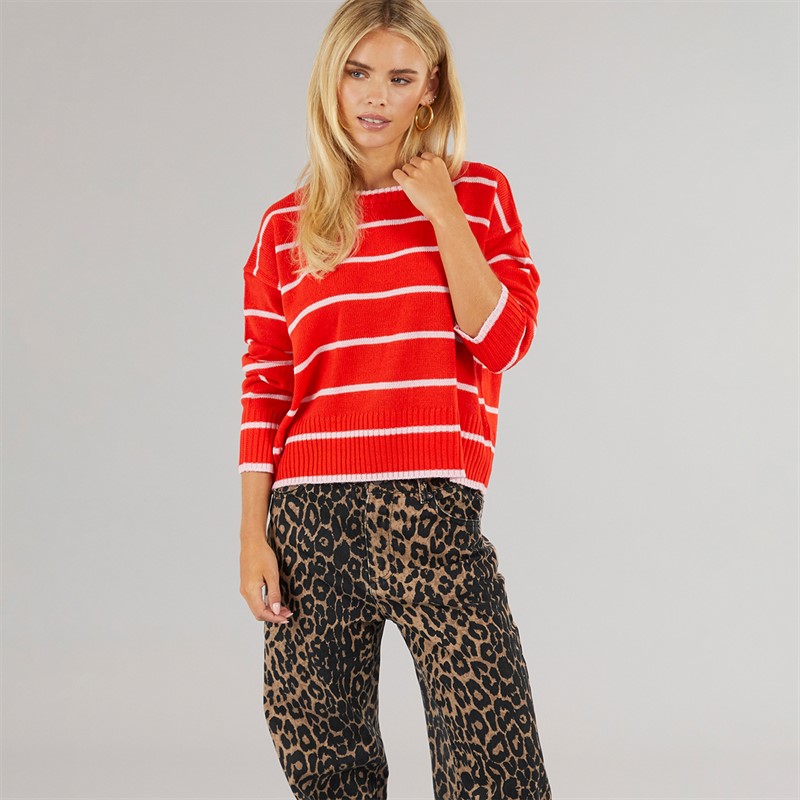 Brave Soul Womens Mason Crew Neck Jumper Red/Pink Stripe