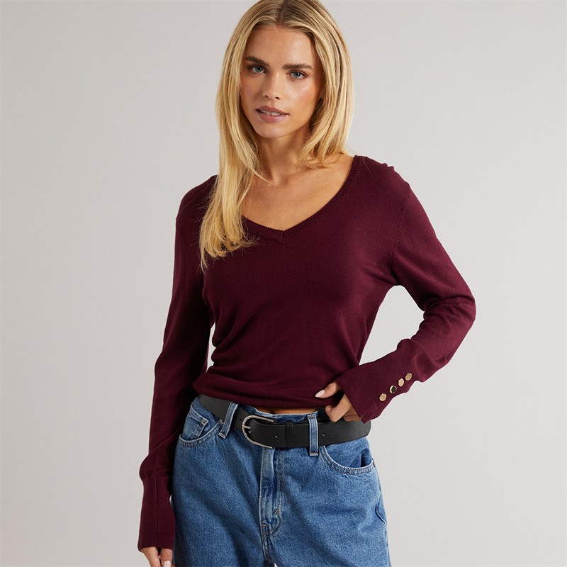 Womens Ivy V Neck Jumper Wine - Size S