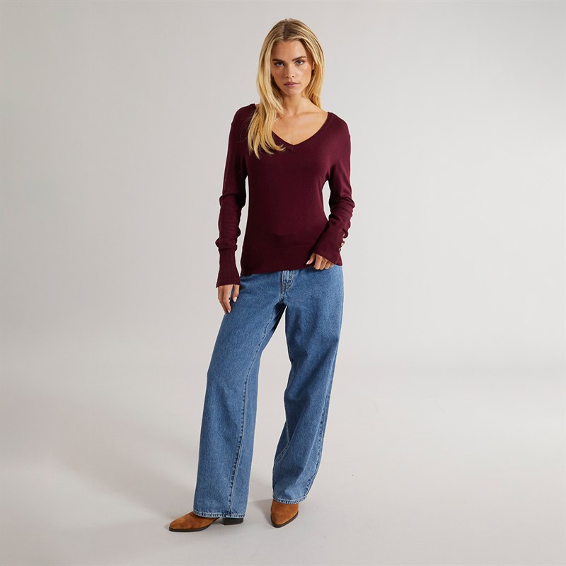 Brave Soul Womens Ivy V Neck Jumper Wine