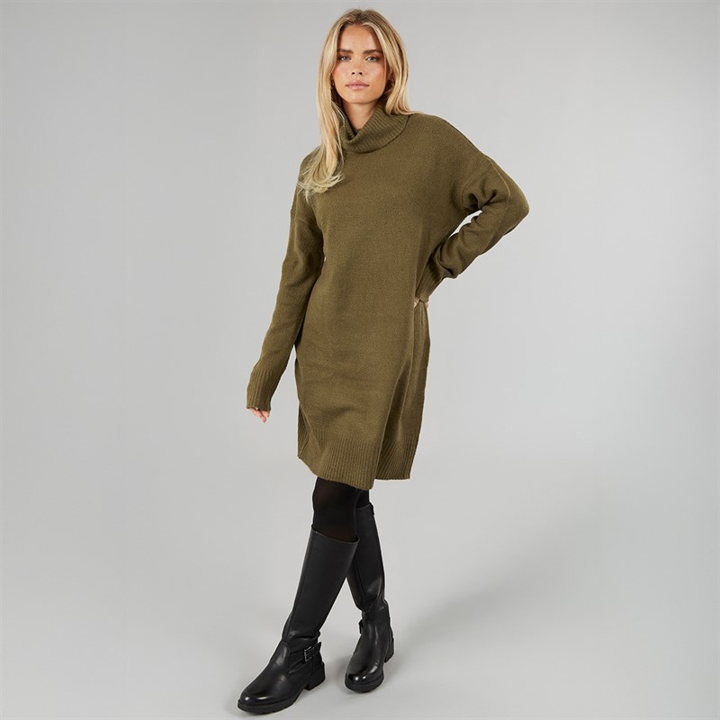 Brave Soul Womens Mingly Roll Neck Knitted Dress Khaki