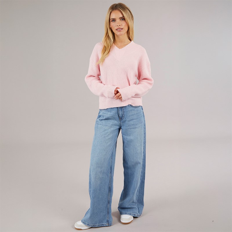 Brave Soul Womens Sydney V-Neck Fisherman Jumper Pink