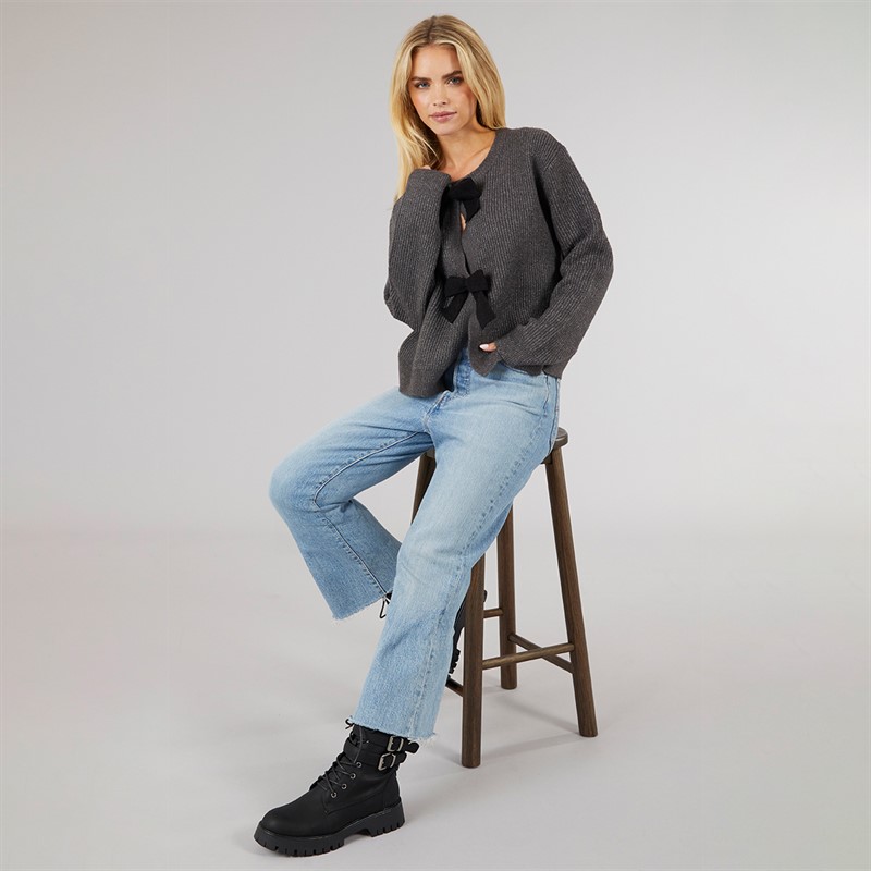 Brave Soul Womens Miya Fisherman Cardigan Grey Melange/Black Bow