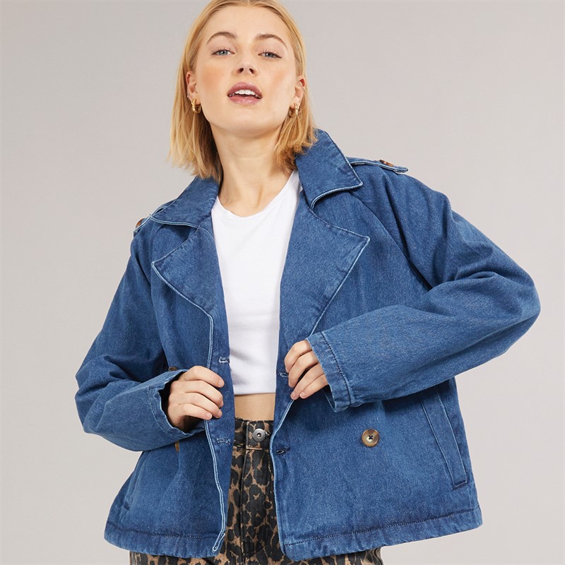 Brave Soul Womens Rach Short Denim Trench Mid Blue Denim