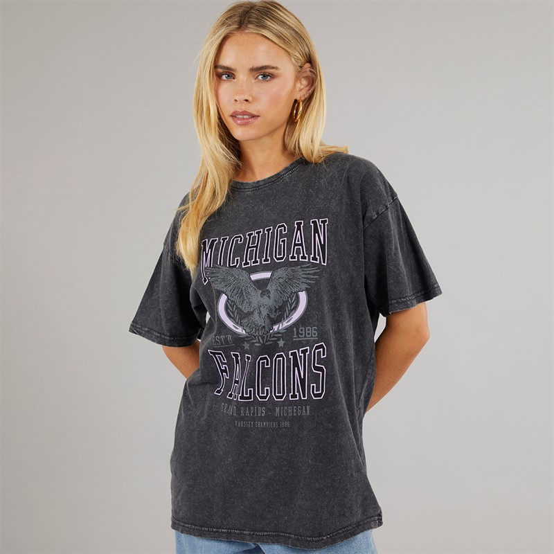 Brave Soul Womens Oversized Graphic T-Shirt Black Acid Wash