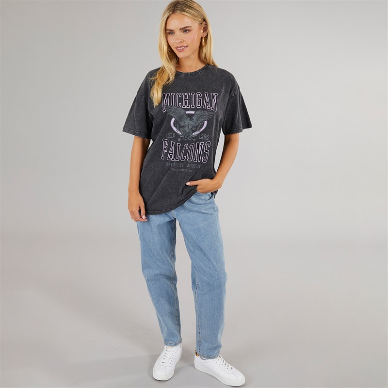 Brave Soul Womens Oversized Graphic T-Shirt Black Acid Wash