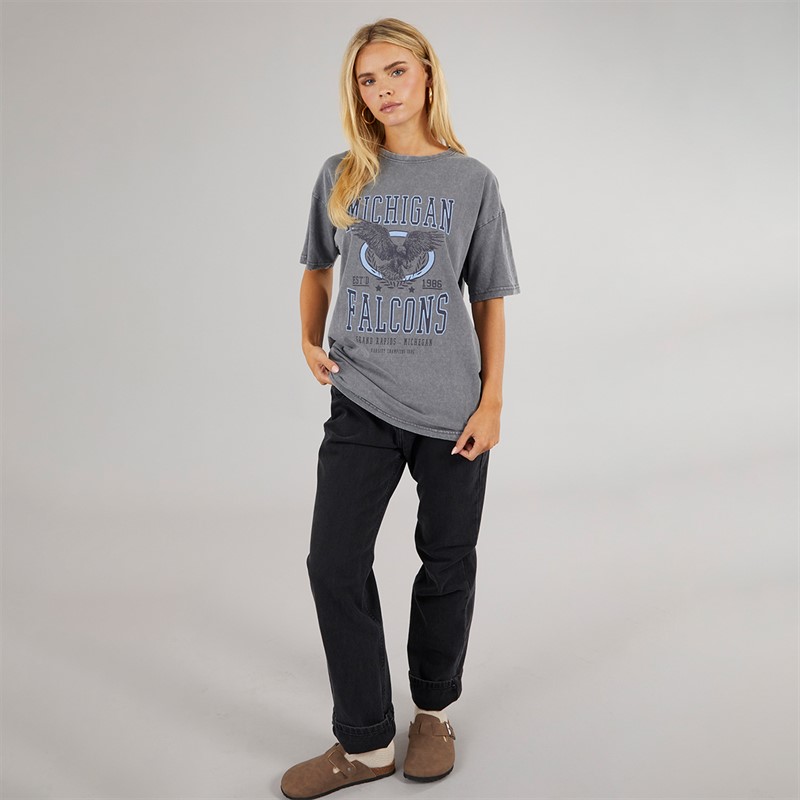 Brave Soul Womens Oversized Graphic T-Shirt Silver Grey Acid Wash