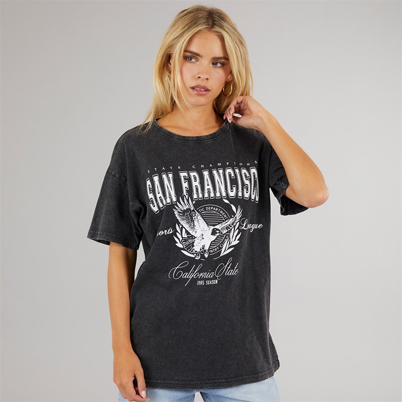 Brave Soul Womens Oversized Graphic T-Shirt Black Acid Wash