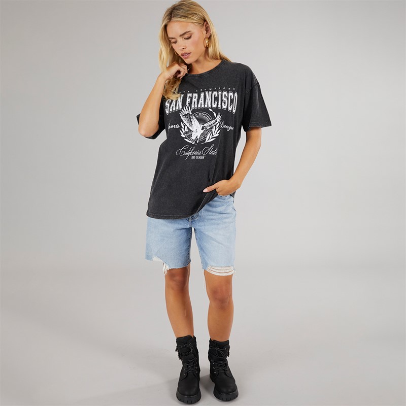 Brave Soul Womens Oversized Graphic T-Shirt Black Acid Wash
