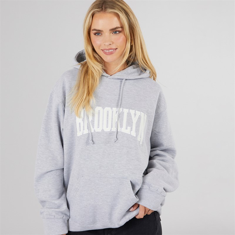 Brave Soul Womens Eilani Printed Hoodie Grey Marl/White