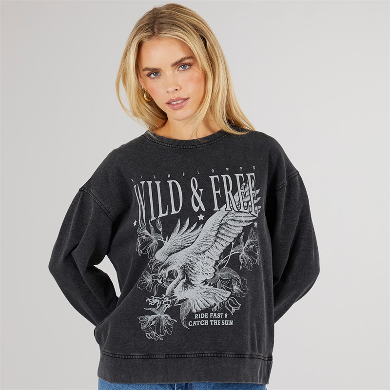 Brave Soul Womens Beth Graphic Sweatshirt Black