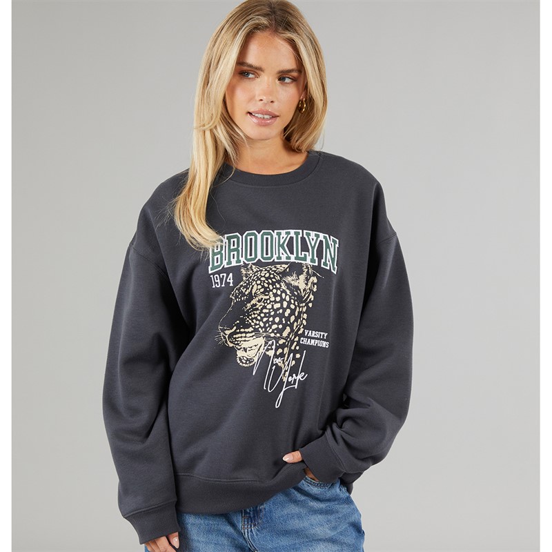 Brave Soul Womens Moll Embroided Sweatshirt Charcoal