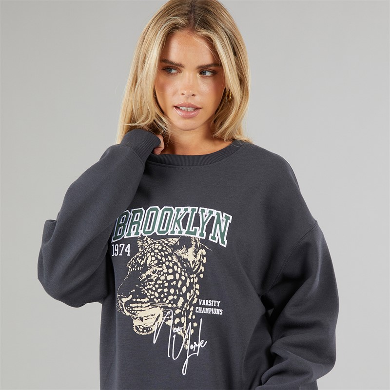 Brave Soul Womens Moll Embroided Sweatshirt Charcoal