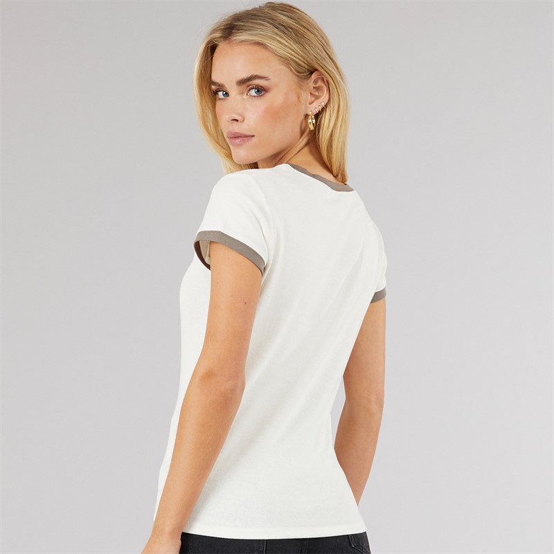 Brave Soul Womens Ina Ringer T-Shirt Cream/Rock