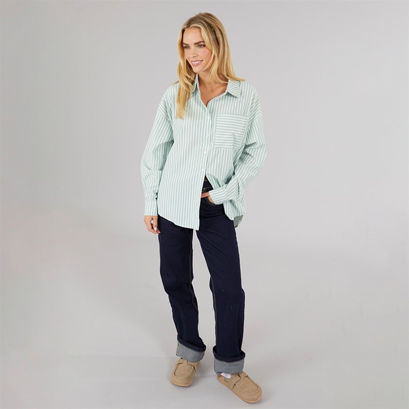 Brave Soul Womens Francis Oversized Shirt Green/White