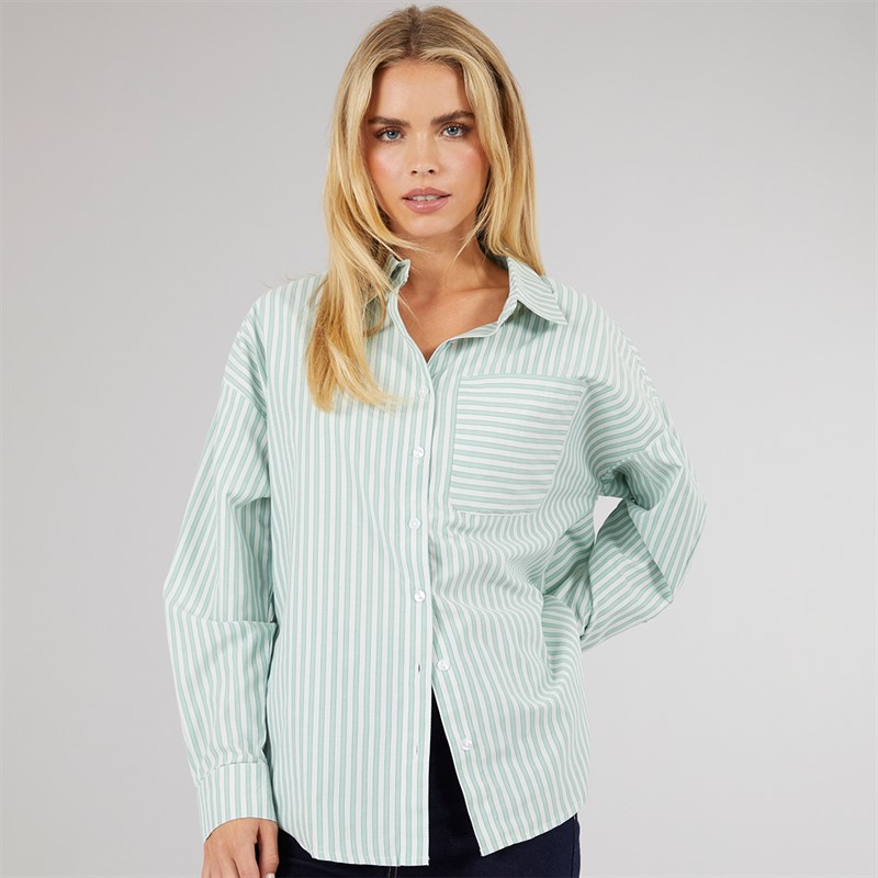 Brave Soul Womens Francis Oversized Shirt Green/White