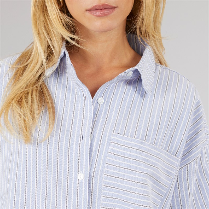 Brave Soul Womens Fraser Oversized Shirt Blue/White/Black Stripe