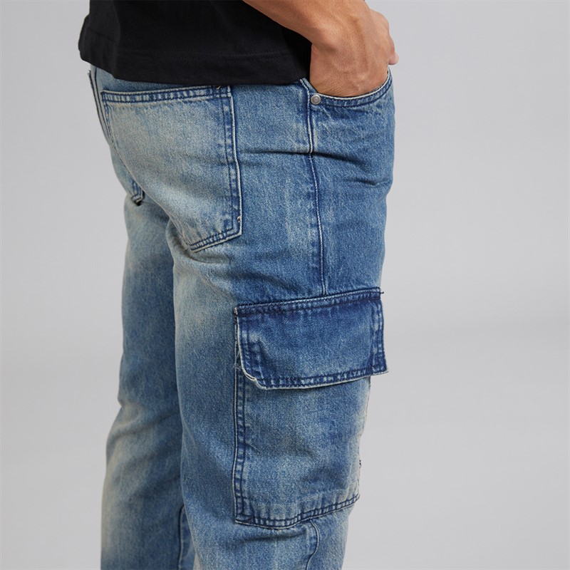Brave Soul Mens Station Loose Fit Cargo Jeans Mid Blue