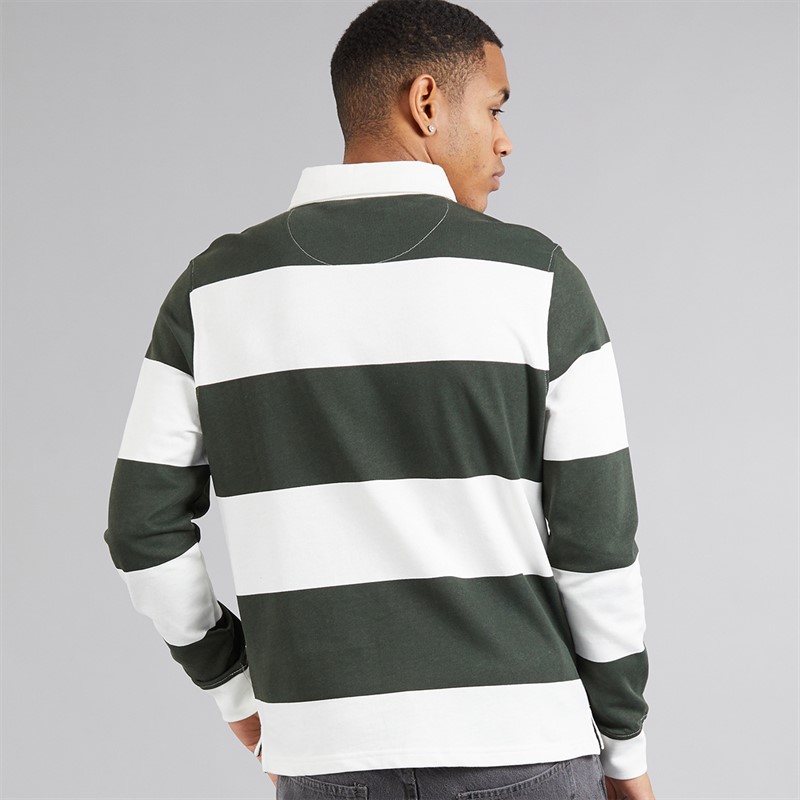 Brave Soul Mens Tolga Long Sleeve Rugby Shirt Cream/Hunter Green