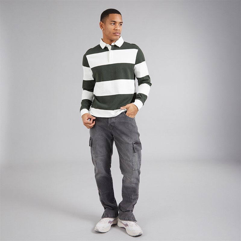 Brave Soul Mens Tolga Long Sleeve Rugby Shirt Cream/Hunter Green