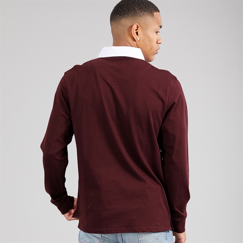 Brave Soul Mens Decoster Long Sleeve Rugby Shirt Burgundy/Optic White