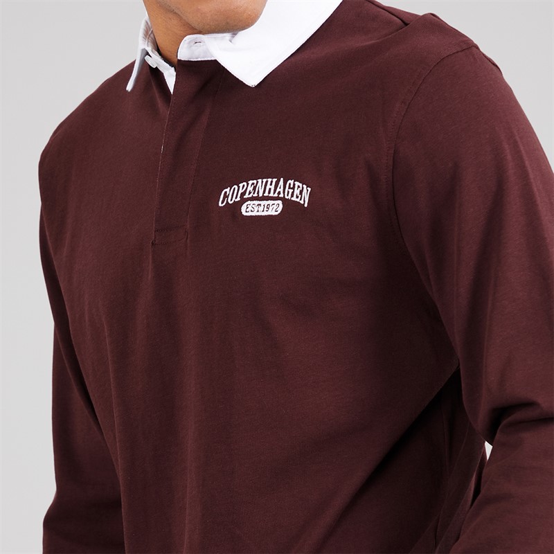 Brave Soul Mens Decoster Long Sleeve Rugby Shirt Burgundy/Optic White