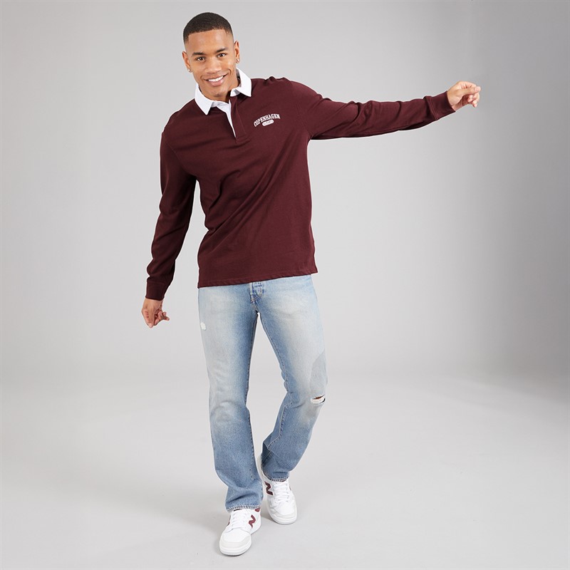 Brave Soul Mens Decoster Long Sleeve Rugby Shirt Burgundy/Optic White