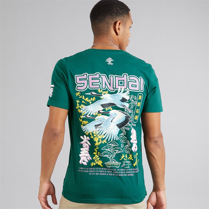 Brave Soul Mens Mura T-Shirt Green/Multi Colour Print