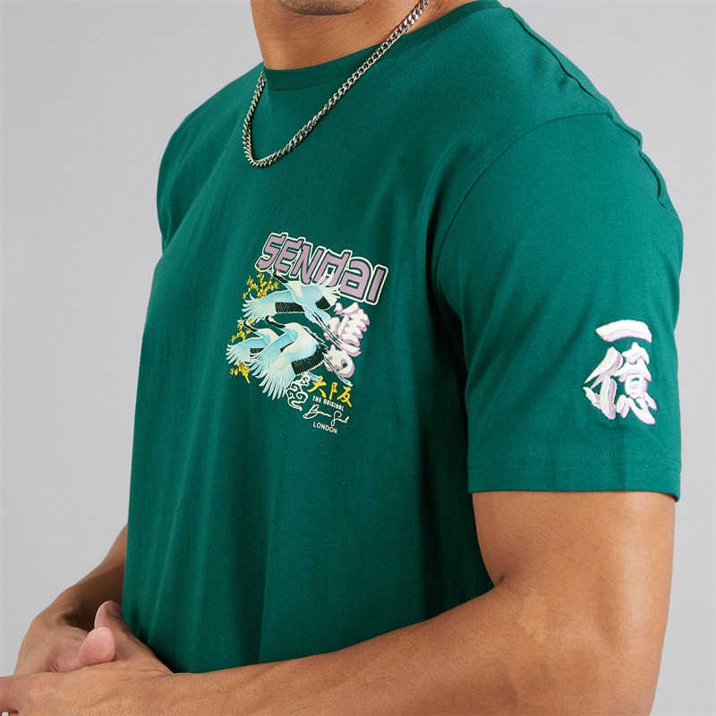 Brave Soul Mens Mura T-Shirt Green/Multi Colour Print