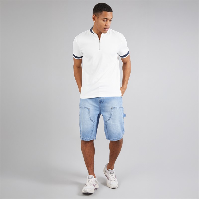 Brave Soul Mens Allsop 1/4 Zip Short Sleeve Polo Shirt Cream/Navy/Cream