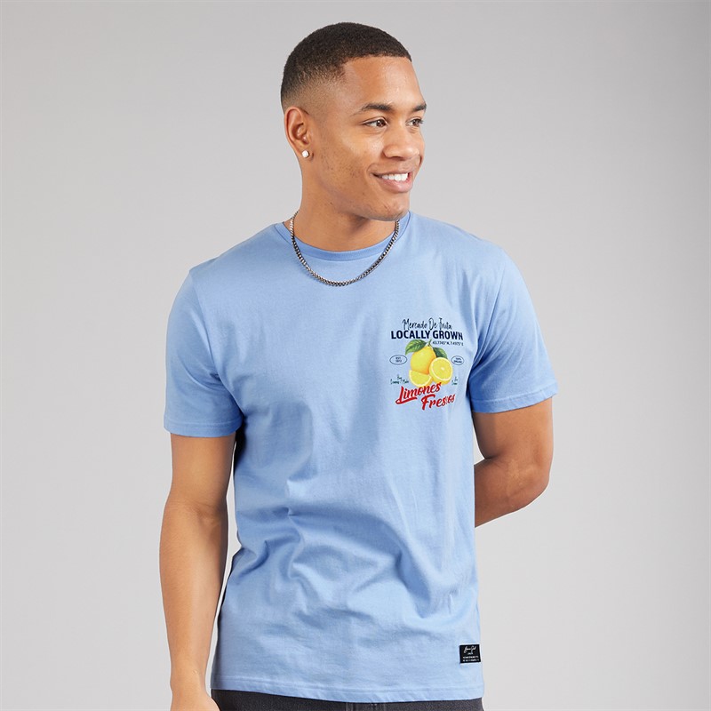 Brave Soul Mens Citron T-Shirt Cloud Blue/Multi Colour Print