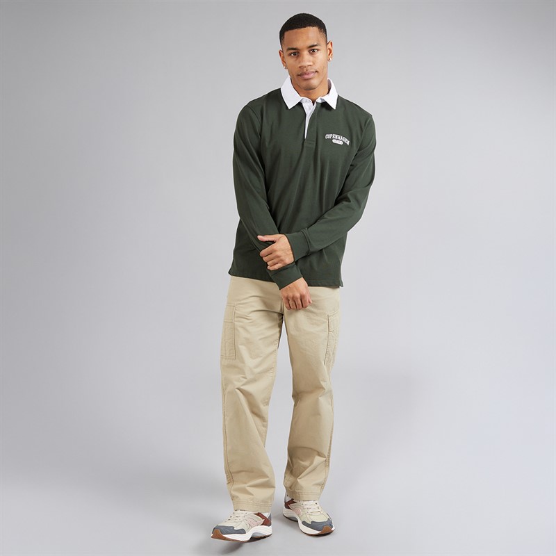 Brave Soul Mens Decoster Long Sleeve Rugby Shirt Hunter Green/Optic White