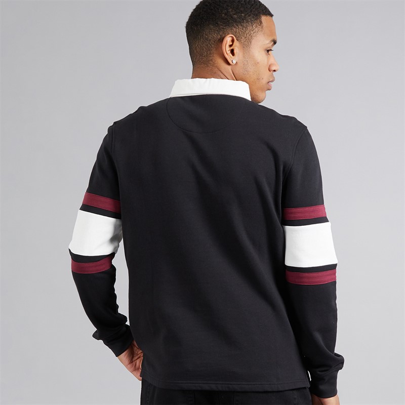 Brave Soul Mens Herlings Long Sleeve Rugby Shirt Jet Black/Optic White/Light Burgundy Jet Black/Optic White/Lt Burgundy