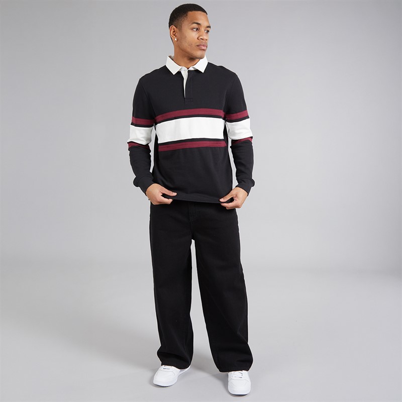 Brave Soul Mens Herlings Long Sleeve Rugby Shirt Jet Black/Optic White/Light Burgundy Jet Black/Optic White/Lt Burgundy