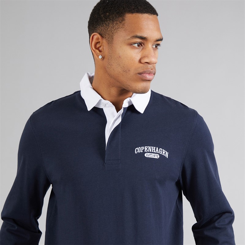 Brave Soul Mens Decoster Long Sleeve Rugby Shirt Navy/Optic White